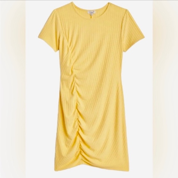 Yellow Asymmetrical Ruched Mini Dress - Picture 1 of 7